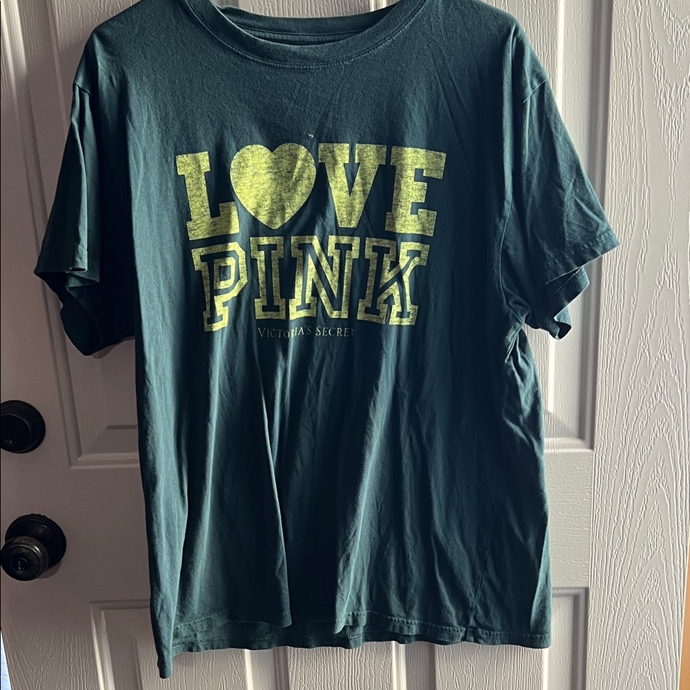 Victoria's Secret Dark Green Tee with Yellow Love Print
